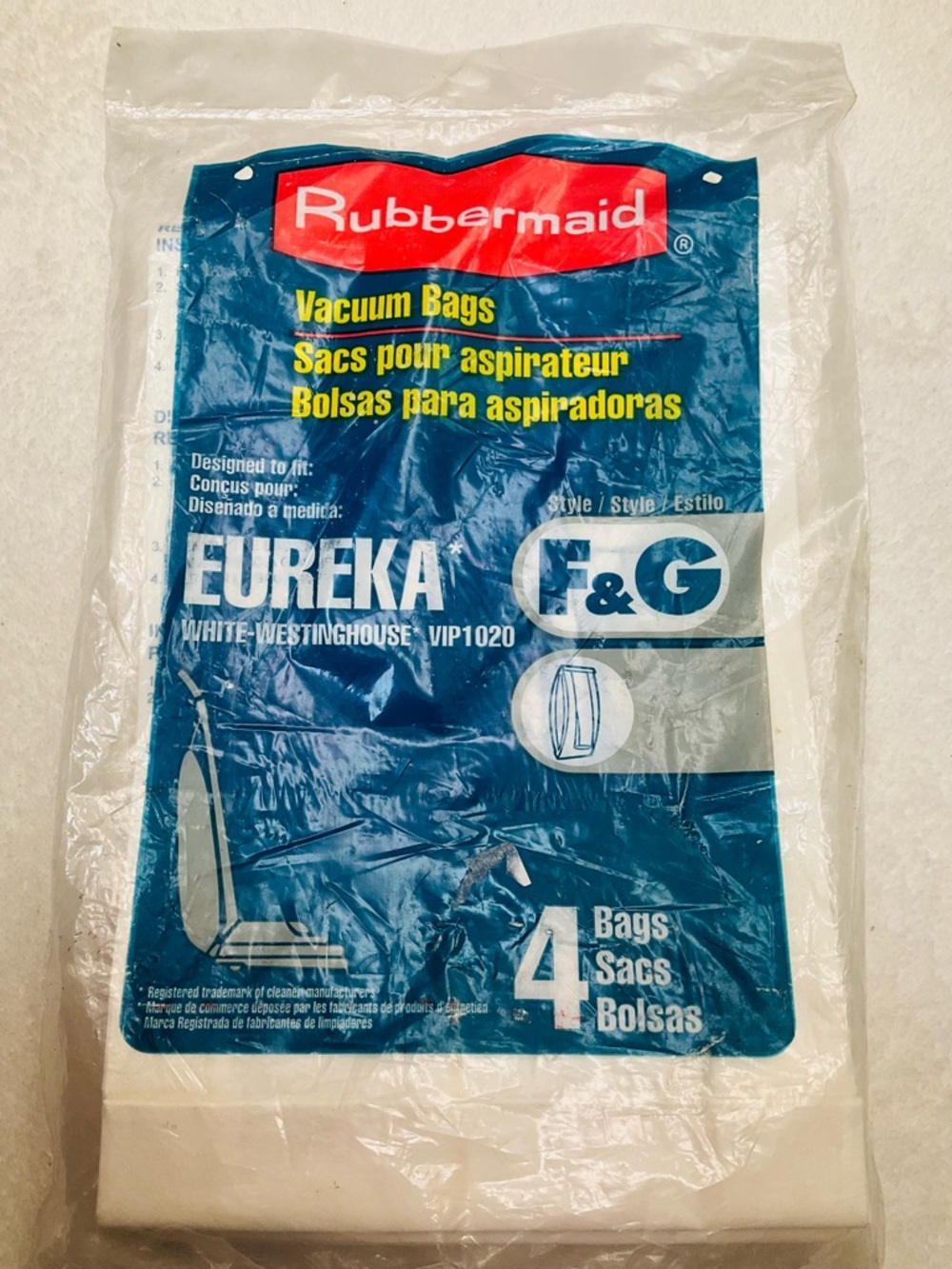 NEW Rubbermaid EUREKA White-Westinghouse VIP1020 Vacuum Bags Style F&G - 4 Bags